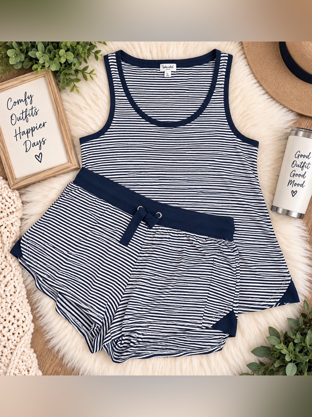 Navy & White Striped Lounge Set Size L | Tank Top & Drawstring Shorts